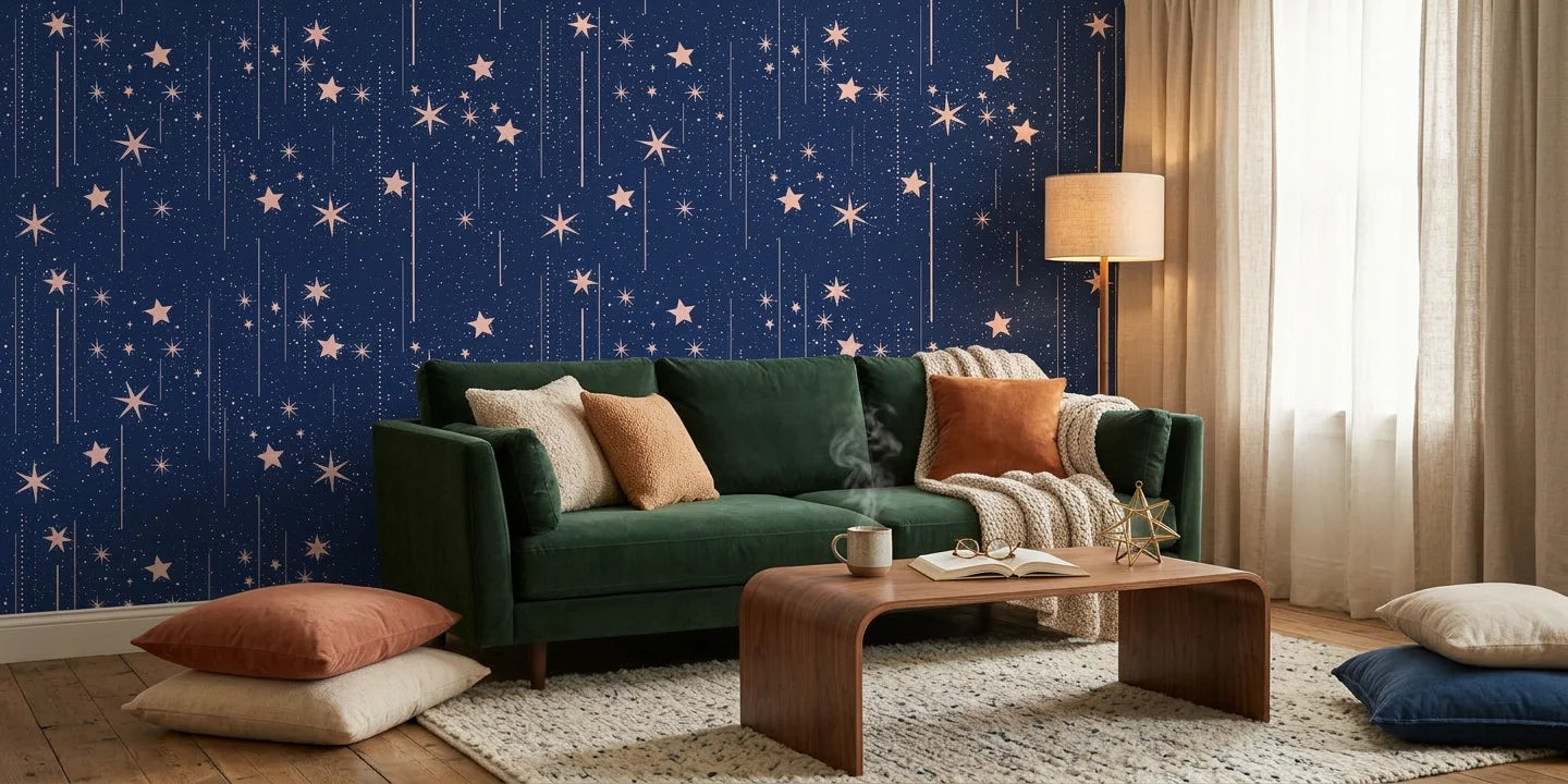 Stellar Bloom celestial sky wallpaper as a feature wall in a bright home office