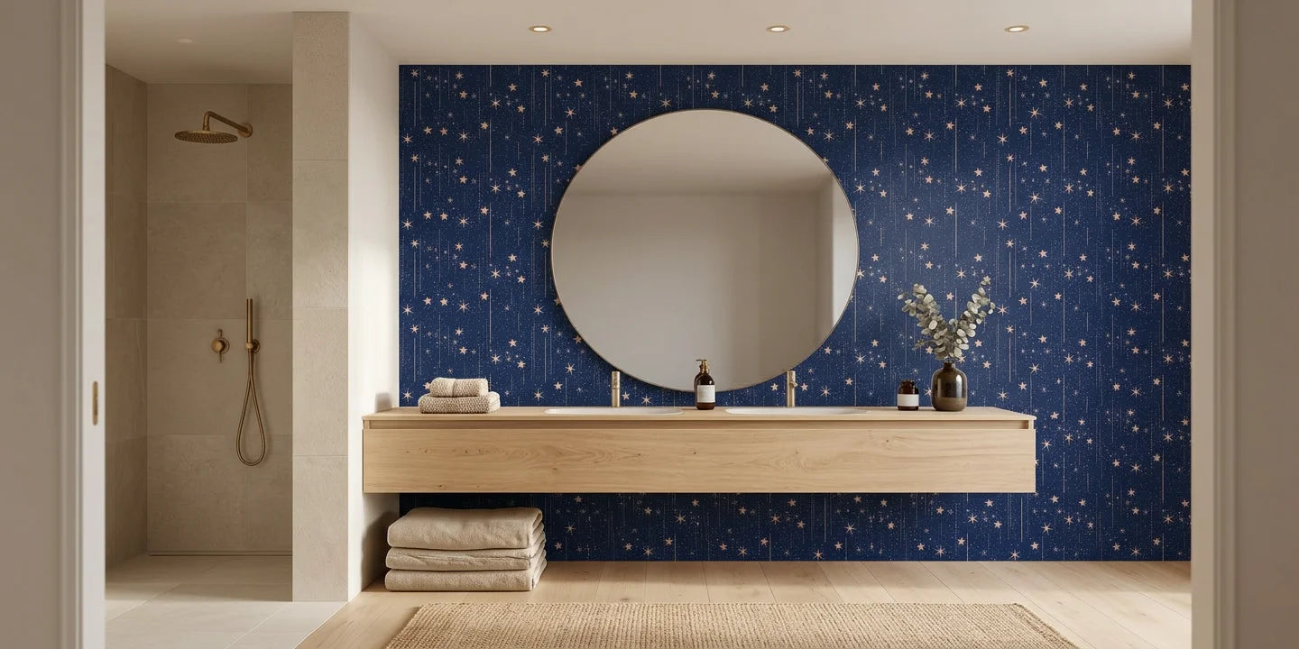 Stellar Bloom celestial sky wallpaper creating ambiance in a serene bathroom
