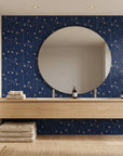Stellar Bloom celestial sky wallpaper creating ambiance in a serene bathroom