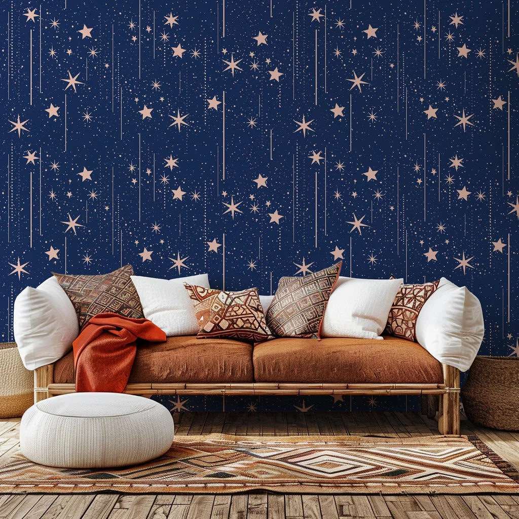 Celestial patterned wallpaper in navy blue, decorated with pink starry elements and lines.