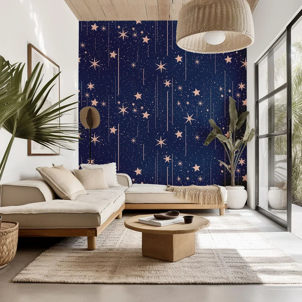 A dark blue wall covering with a cosmic design, decorated with pink stars and linear elements