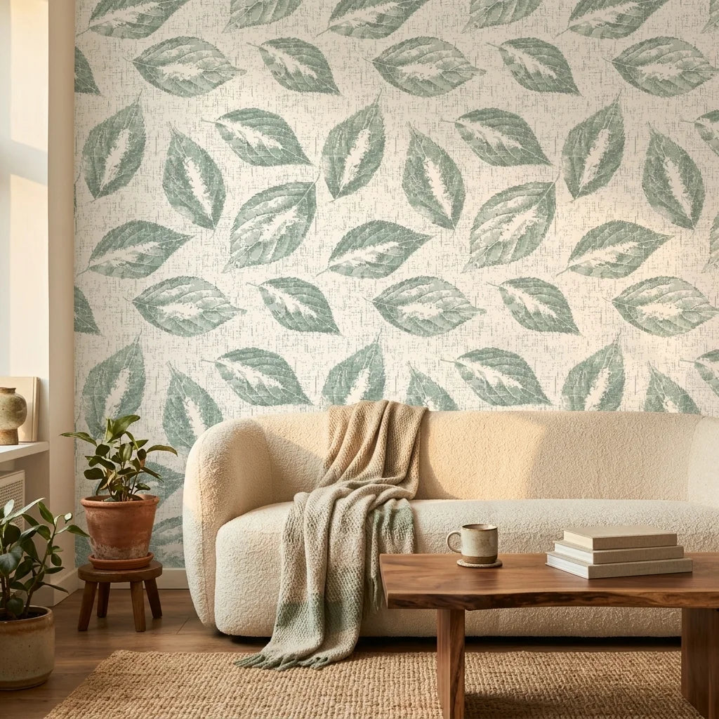 Still Green serene botanical peel and stick wallpaper in a warm and inviting living room