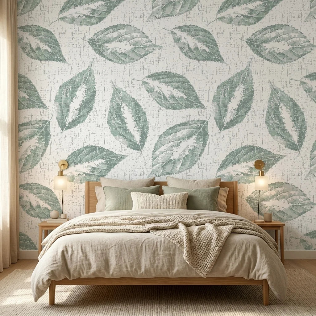 Still Green serene botanical peel and stick wallpaper adding character to a cozy bedroom