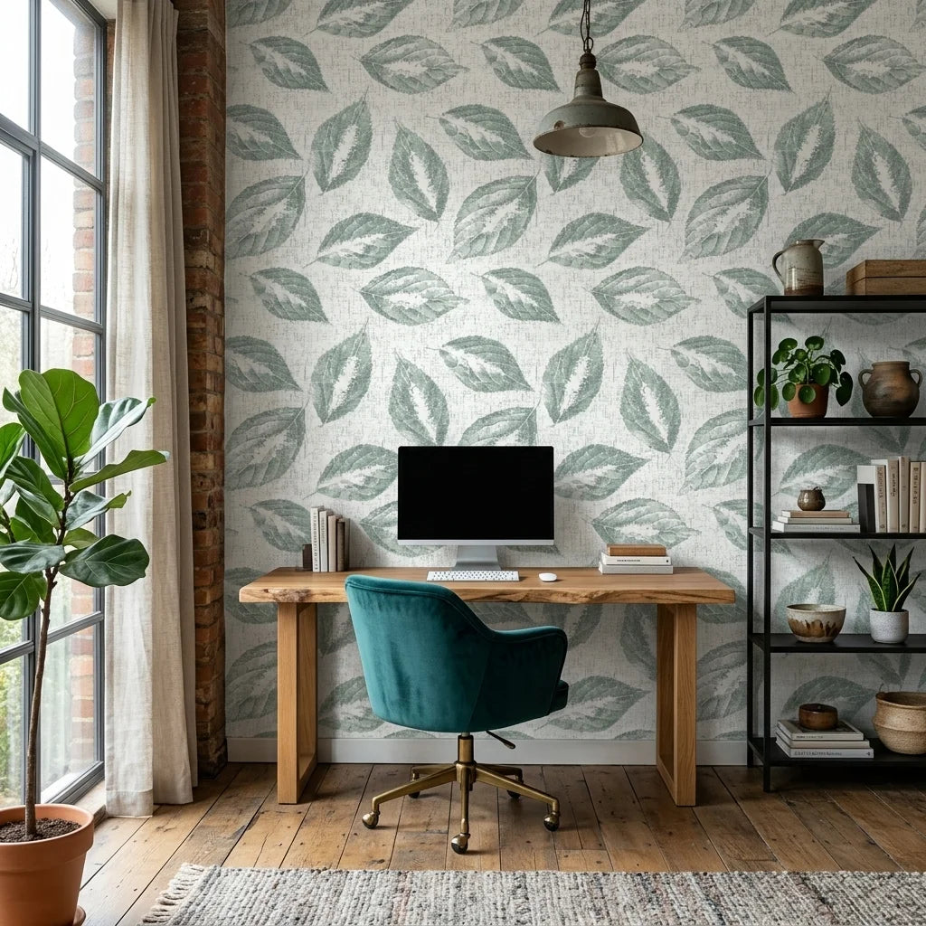 Still Green serene botanical peel and stick wallpaper as a feature wall in a bright home office