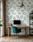 Still Green serene botanical peel and stick wallpaper as a feature wall in a bright home office