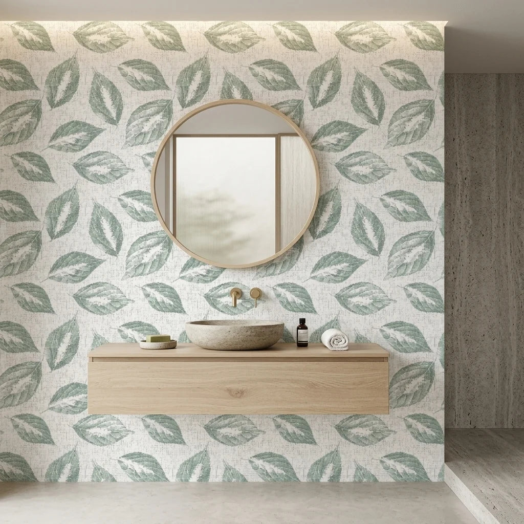 Still Green serene botanical peel and stick wallpaper creating ambiance in a serene bathroom