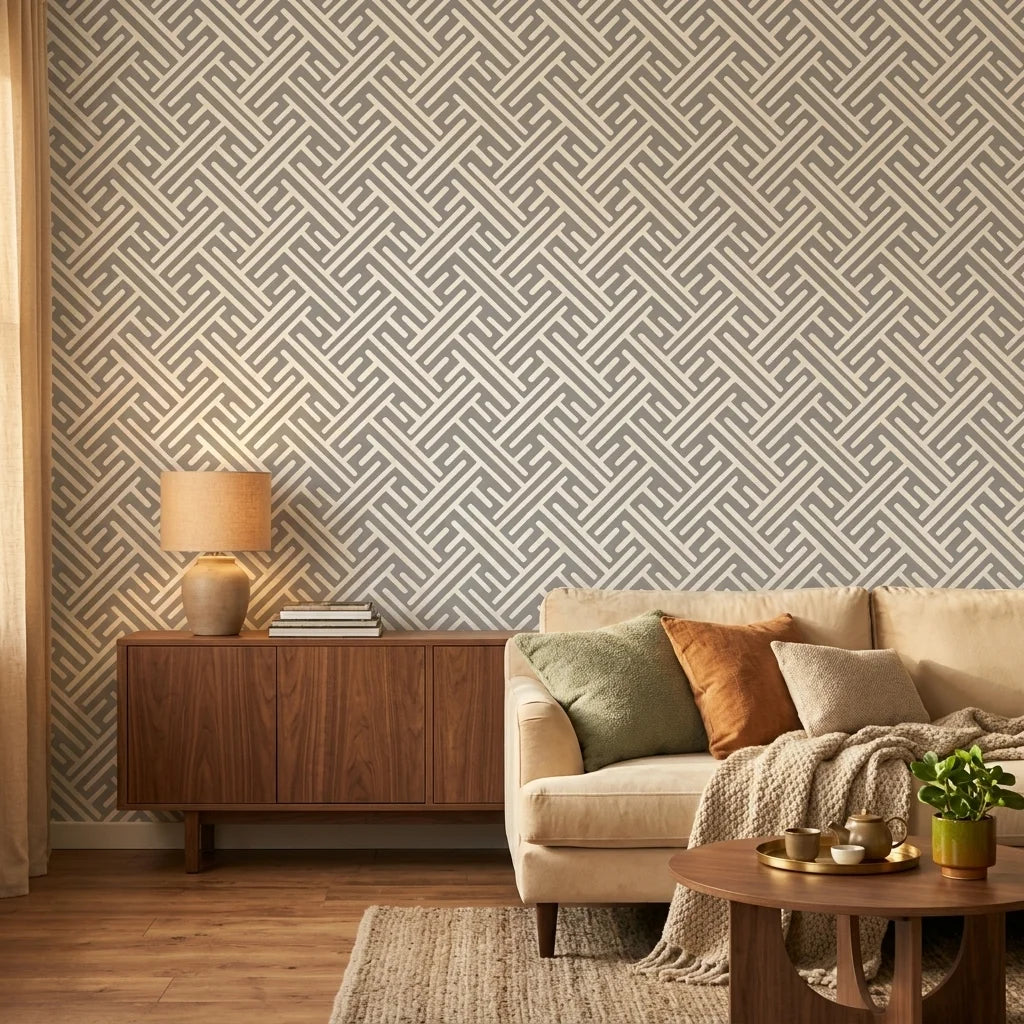 Still Labyrinth grey geometric peel and stick wallpaper in a warm and inviting living room
