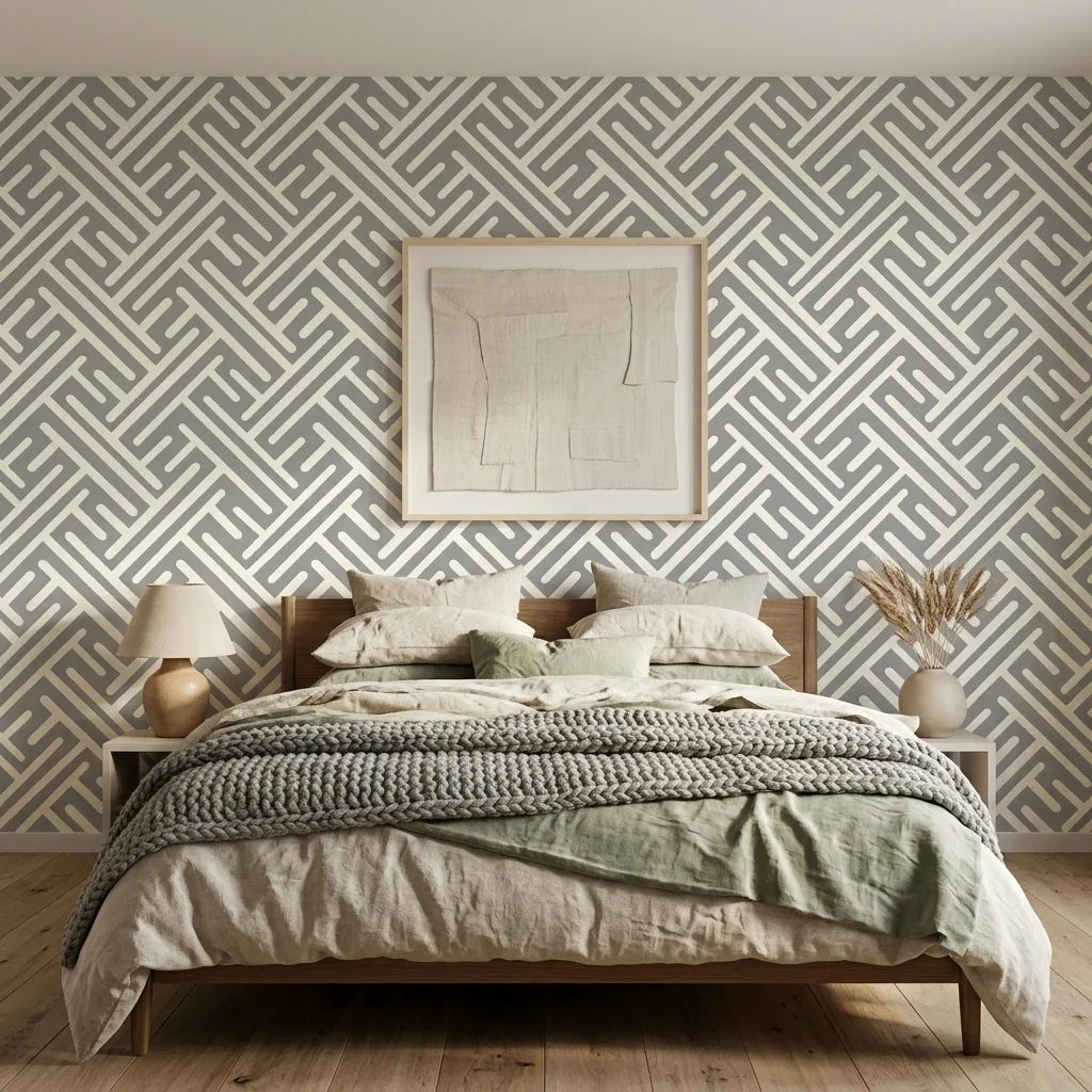 Still Labyrinth grey geometric peel and stick wallpaper adding character to a cozy bedroom