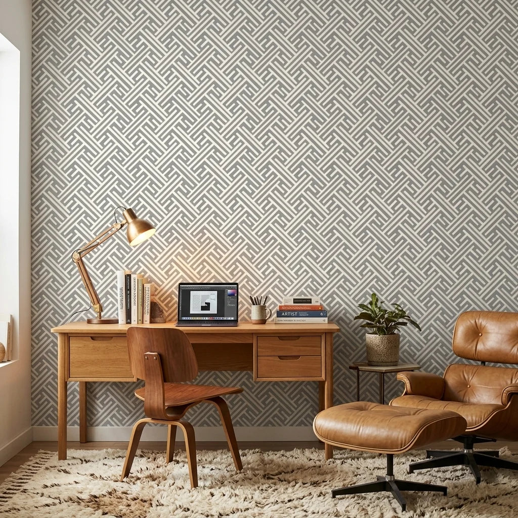 Still Labyrinth grey geometric peel and stick wallpaper as a feature wall in a bright home office