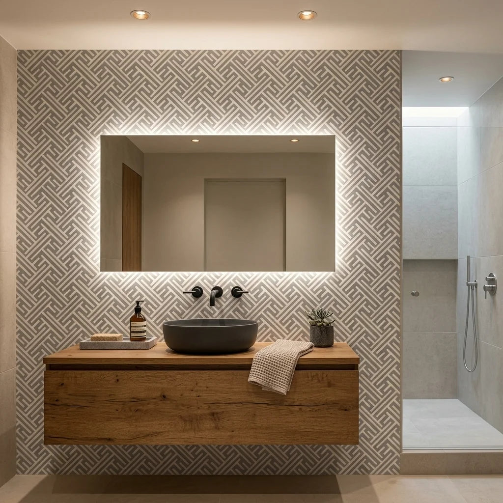Still Labyrinth grey geometric peel and stick wallpaper creating ambiance in a serene bathroom
