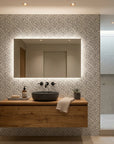 Still Labyrinth grey geometric peel and stick wallpaper creating ambiance in a serene bathroom