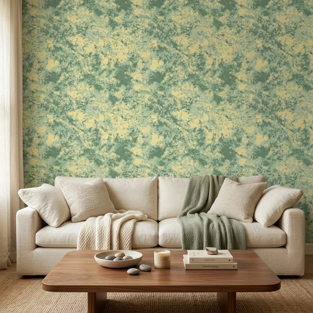 Still Meadow green abstract peel and stick wallpaper in a warm and inviting living room