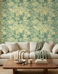 Still Meadow green abstract peel and stick wallpaper in a warm and inviting living room