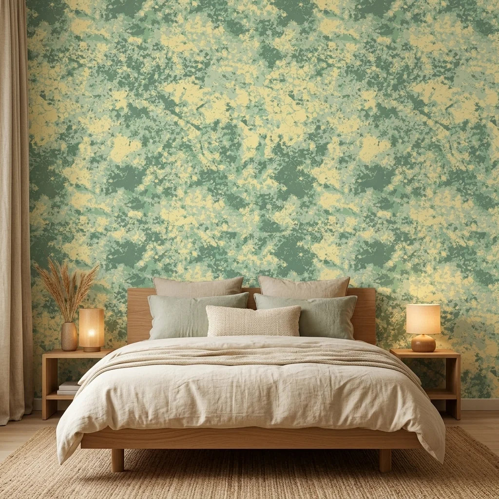 Still Meadow green abstract peel and stick wallpaper adding character to a cozy bedroom