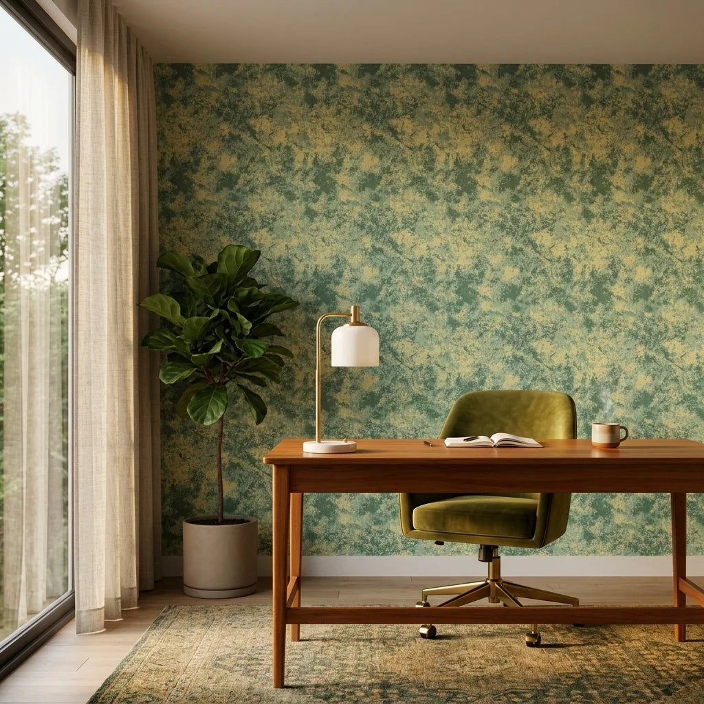 Still Meadow green abstract peel and stick wallpaper as a feature wall in a bright home office