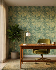Still Meadow green abstract peel and stick wallpaper as a feature wall in a bright home office