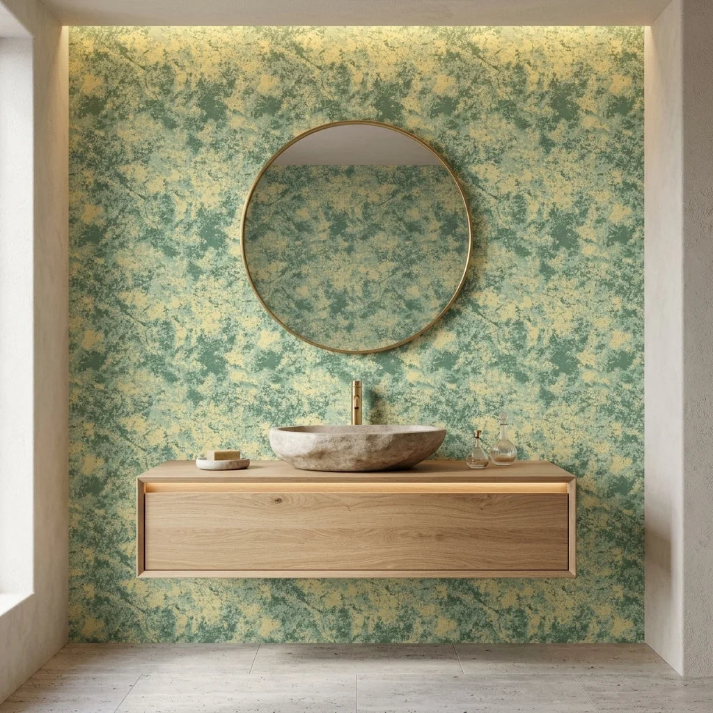 Still Meadow green abstract peel and stick wallpaper creating ambiance in a serene bathroom