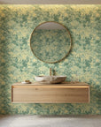 Still Meadow green abstract peel and stick wallpaper creating ambiance in a serene bathroom