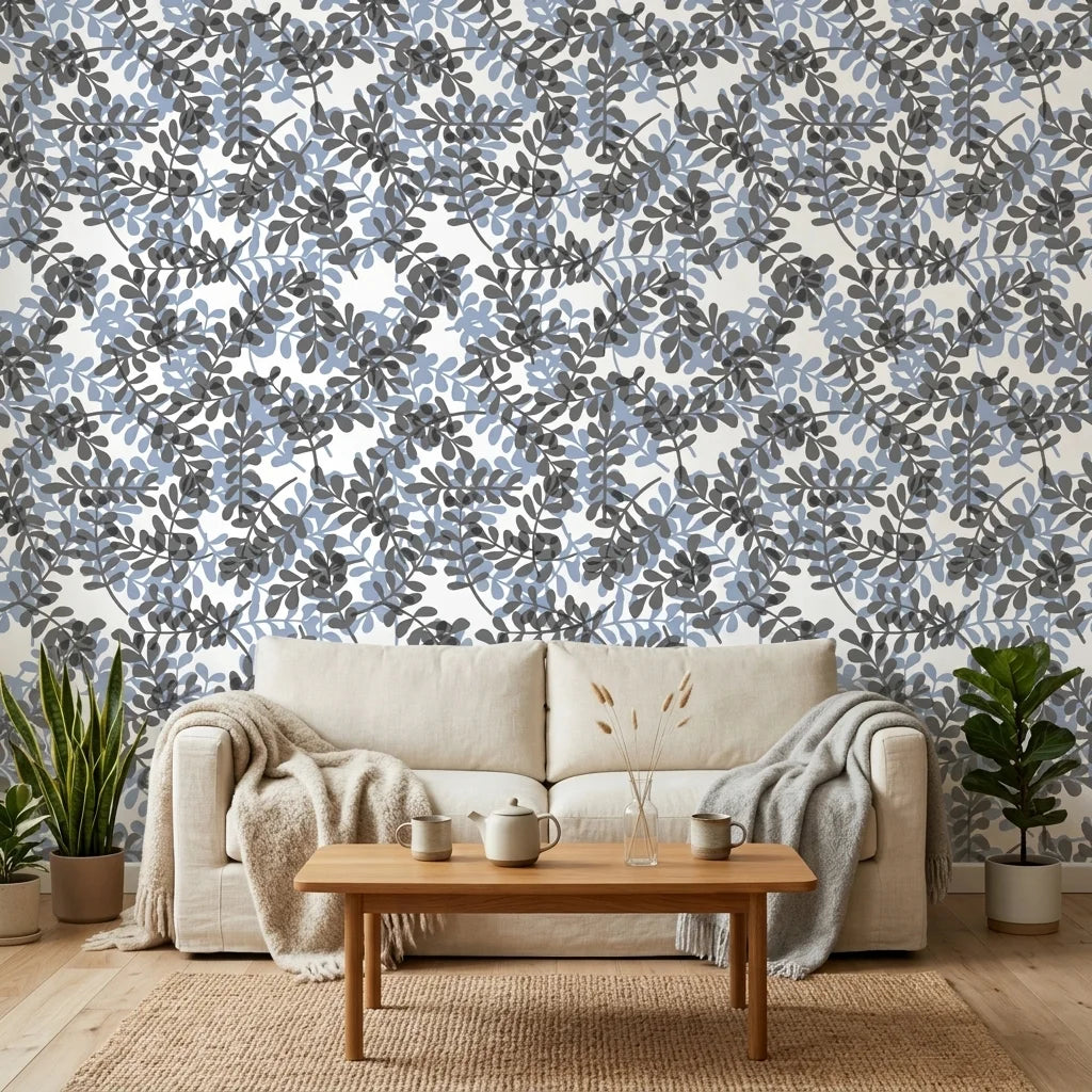 Still Morning blue and grey botanical wallpaper in a warm and inviting living room