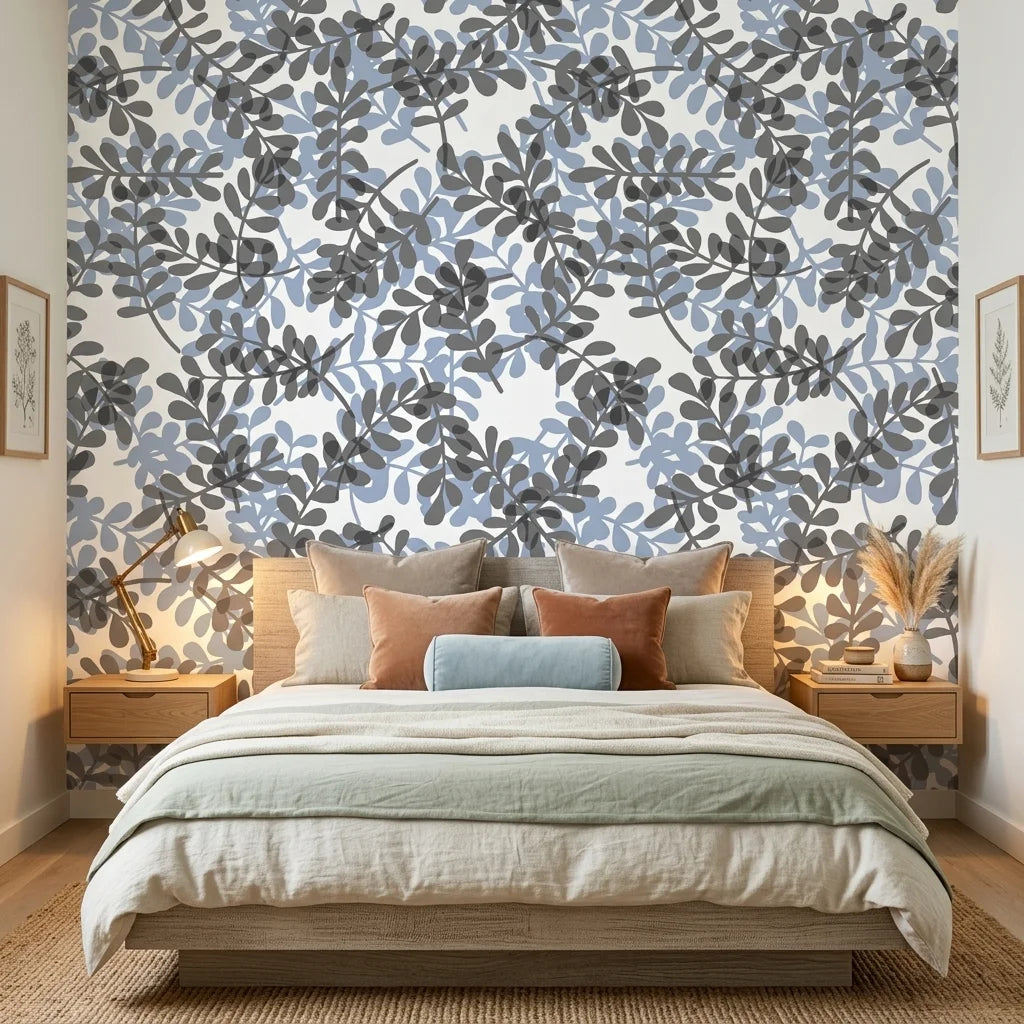 Still Morning blue and grey botanical wallpaper adding character to a cozy bedroom