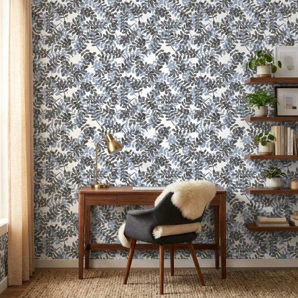 Still Morning blue and grey botanical wallpaper as a feature wall in a bright home office