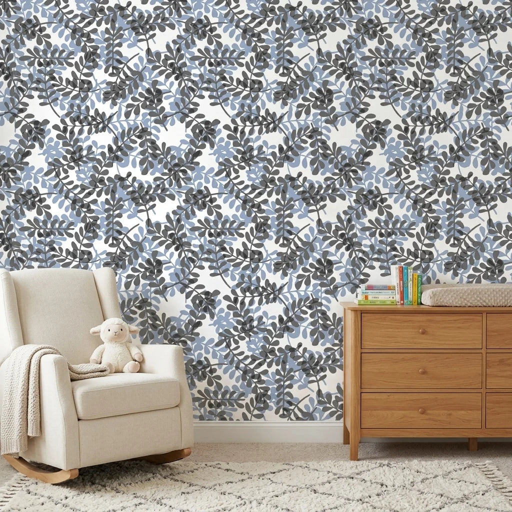 Still Morning blue and grey botanical wallpaper creating ambiance in a serene bathroom