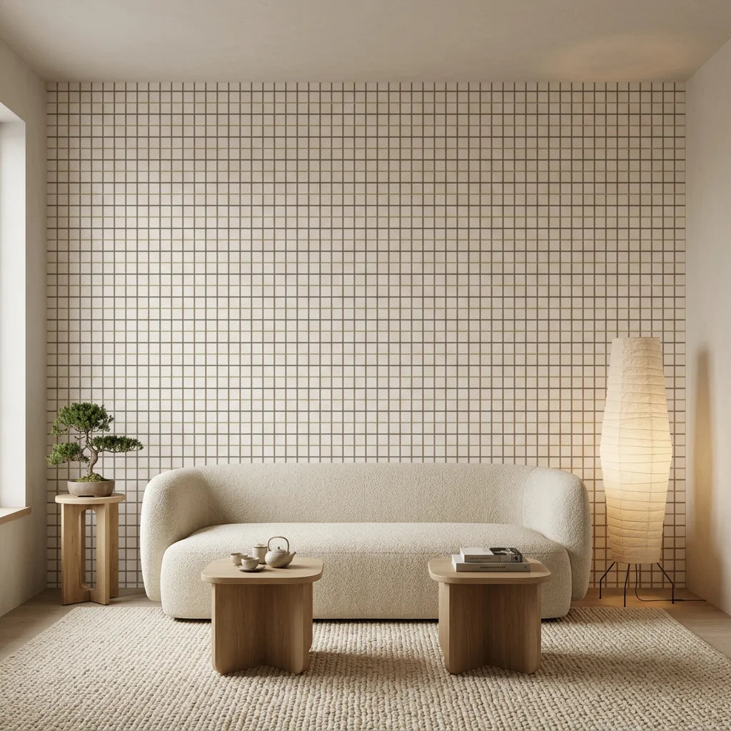 Still Pane calm neutral windowpane wallpaper in a warm and inviting living room