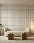 Still Pane calm neutral windowpane wallpaper in a warm and inviting living room
