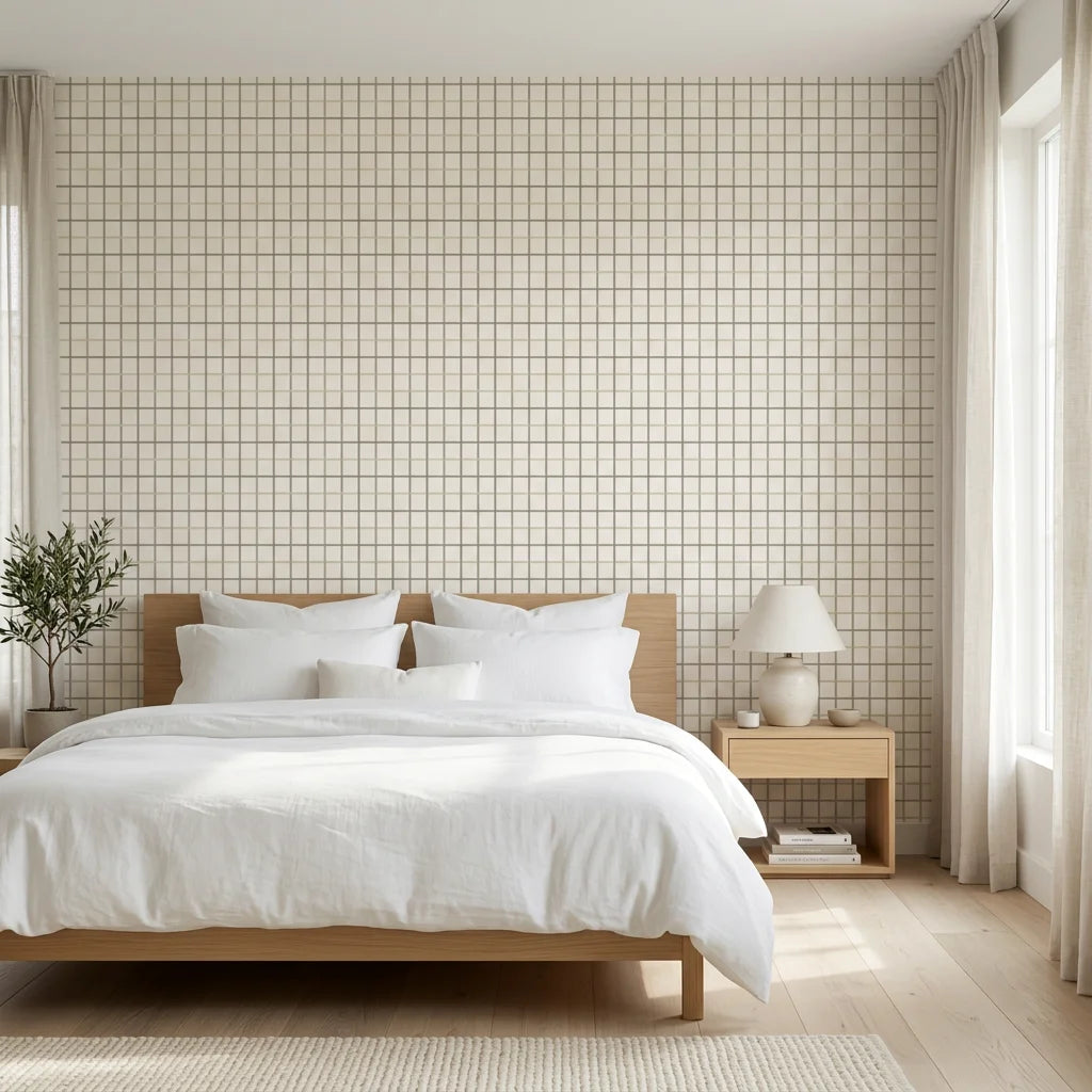 Still Pane calm neutral windowpane wallpaper adding character to a cozy bedroom