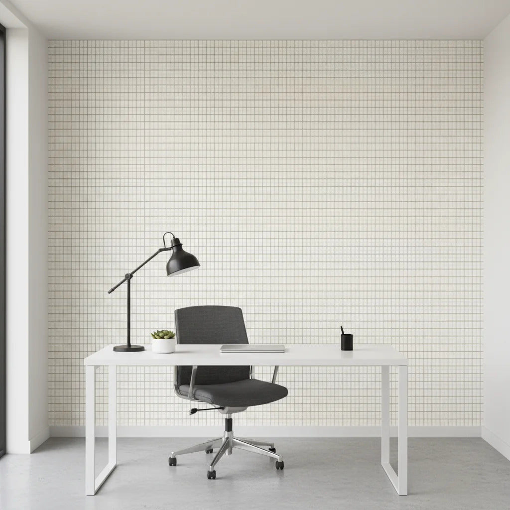 Still Pane calm neutral windowpane wallpaper as a feature wall in a bright home office