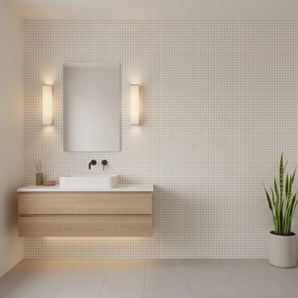 Still Pane calm neutral windowpane wallpaper creating ambiance in a serene bathroom