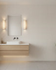 Still Pane calm neutral windowpane wallpaper creating ambiance in a serene bathroom