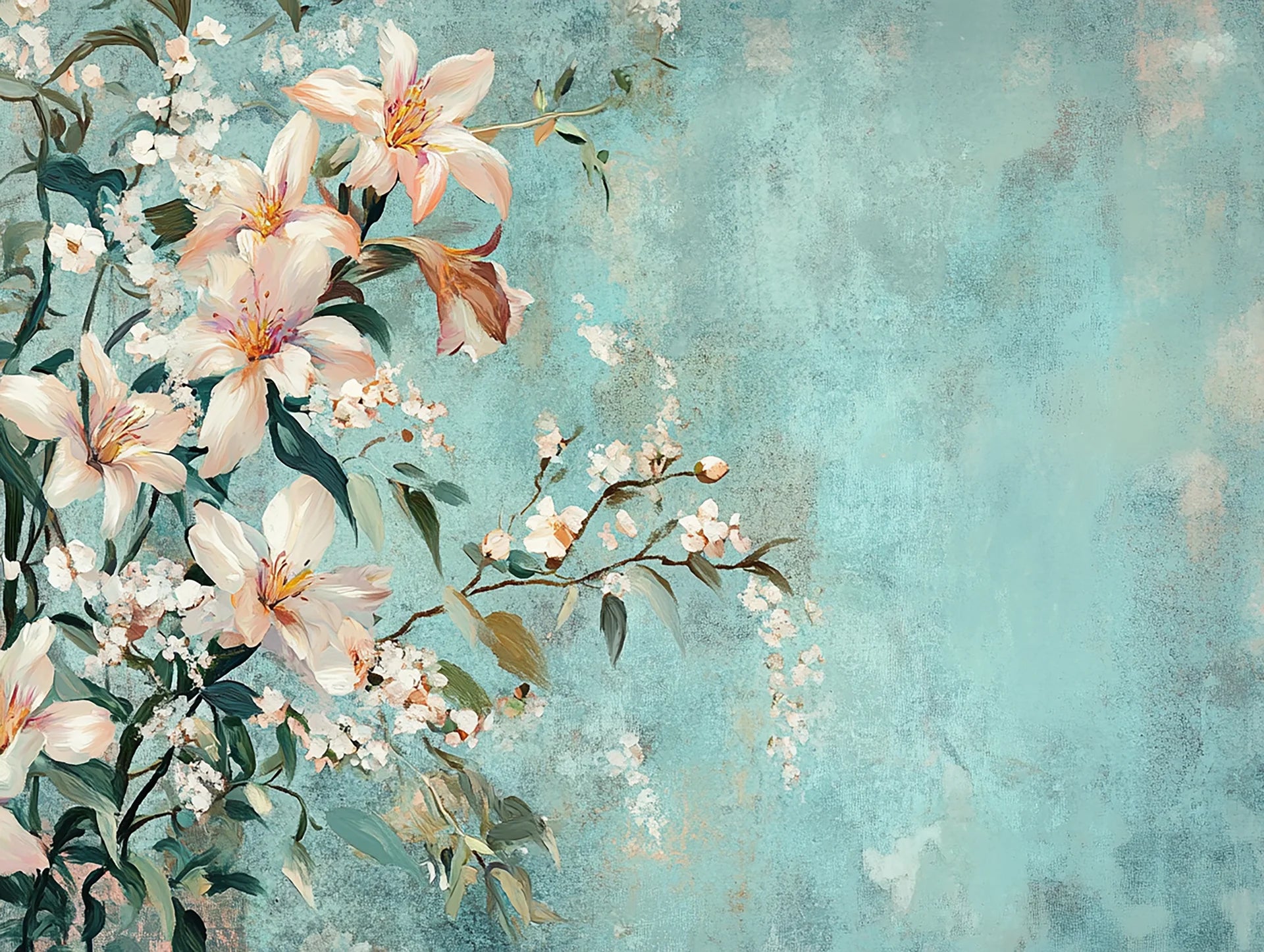 Vintage Still & White wallpaper with peach lilies and cherry blossoms on distressed turquoise background