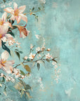 Vintage Still & White wallpaper with peach lilies and cherry blossoms on distressed turquoise background