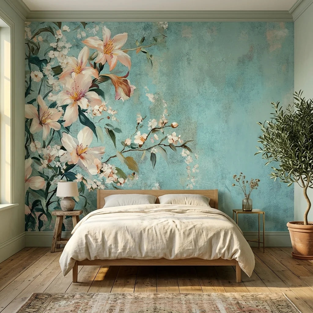 Peach lily and cherry blossom Still & White wallpaper on turquoise textured bedroom accent wall
