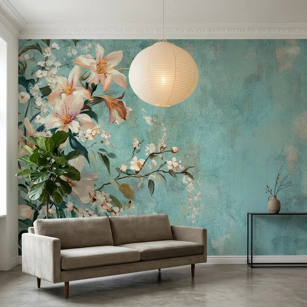 Turquoise distressed Still & White wallpaper with peach lily blossoms in modern living room
