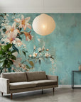 Turquoise distressed Still & White wallpaper with peach lily blossoms in modern living room