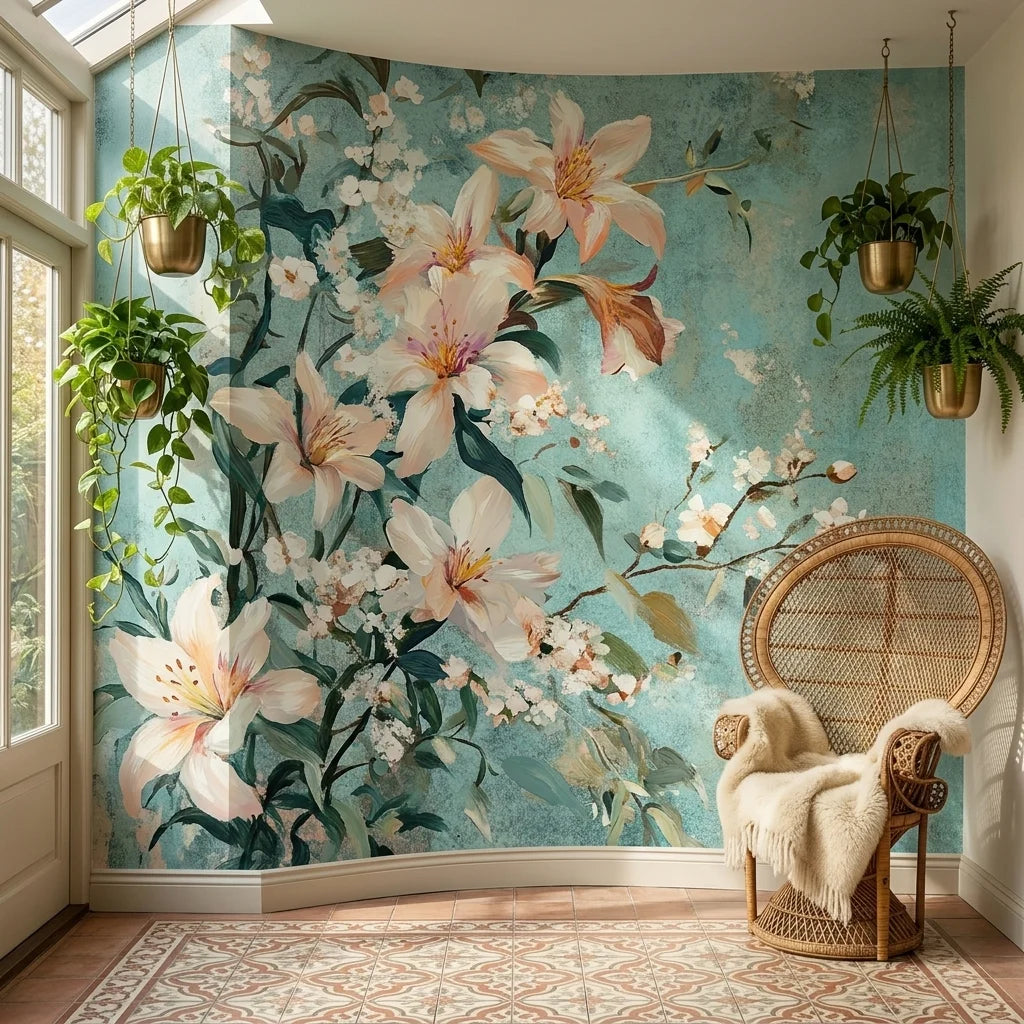 Still & White floral wallpaper with peach lilies and cherry blossoms on turquoise background in sunlit room