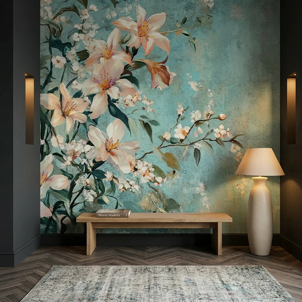Turquoise and peach Still & White floral mural wallpaper in elegant entryway with vintage texture