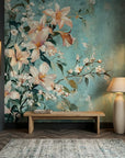 Turquoise and peach Still & White floral mural wallpaper in elegant entryway with vintage texture