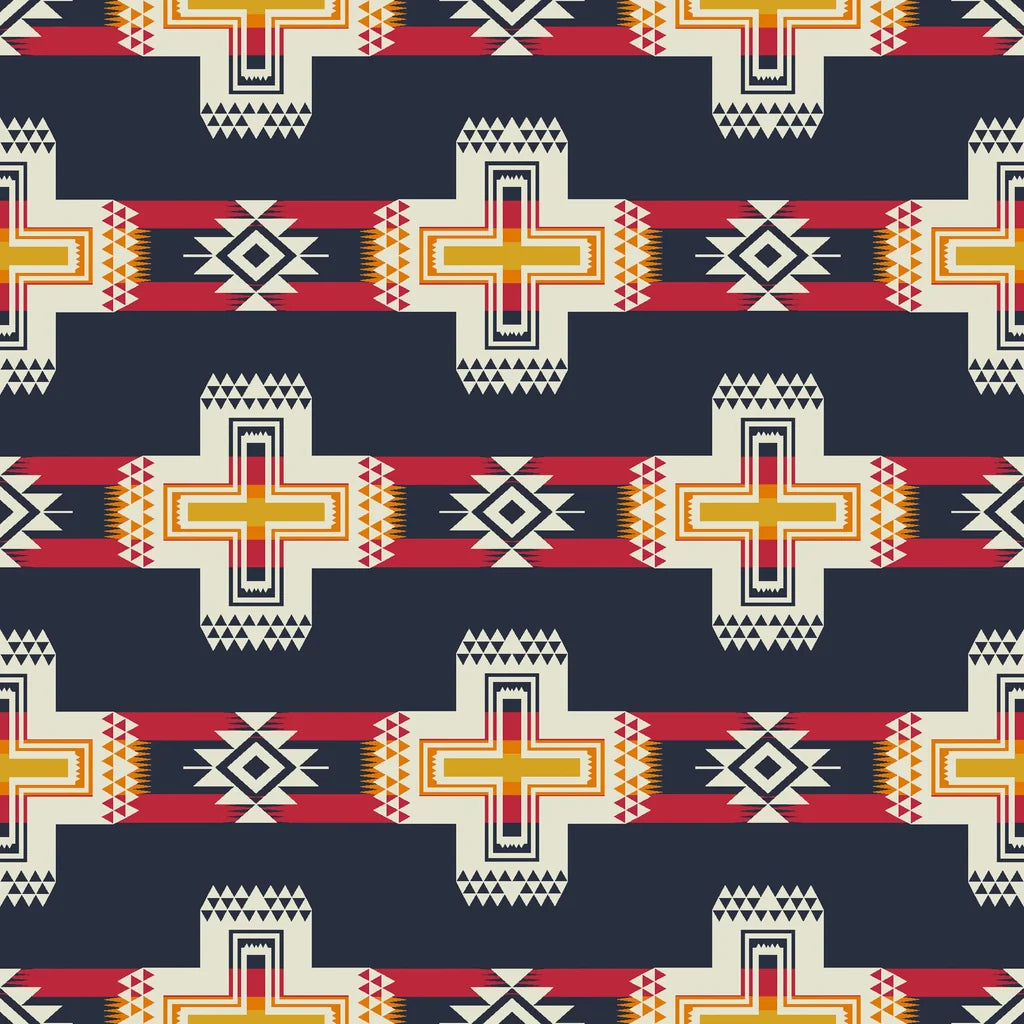 Self-adhesive wall covering (Stitched Summit) featuring a navy and red Southwestern geometric design