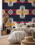 Geometric Southwest tribal pattern wallpaper in navy blue and red, featuring a peel and stick backing - Stitched Summit
