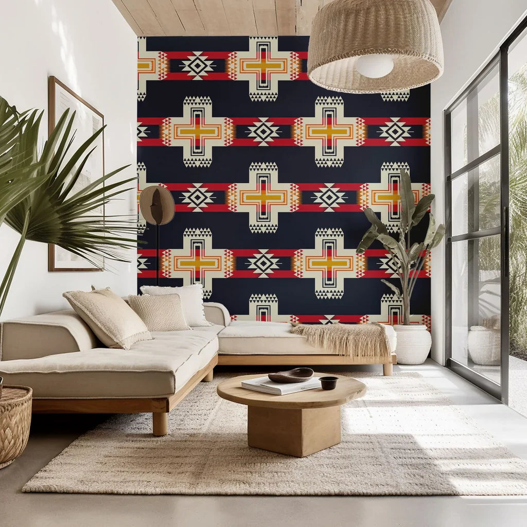 Stitched Summit self-adhesive wallpaper featuring a geometric Southwest tribal design in navy blue and red