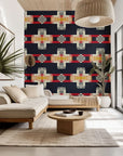 Stitched Summit self-adhesive wallpaper featuring a geometric Southwest tribal design in navy blue and red