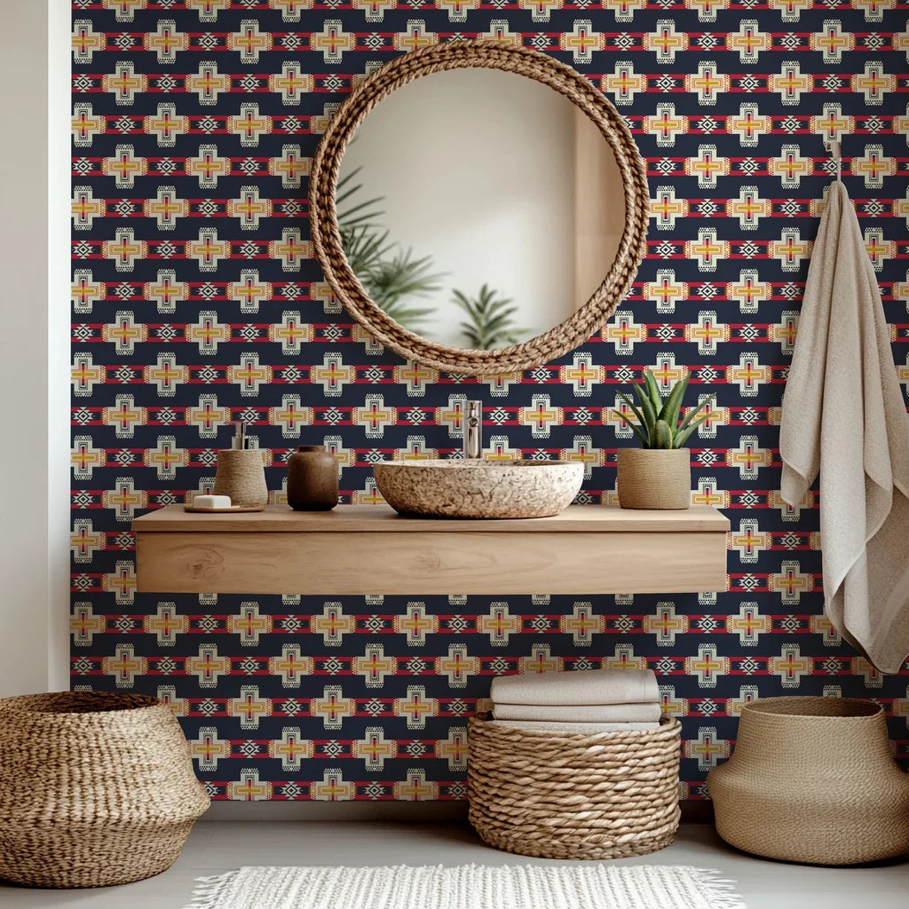 Red and navy self-adhesive wallpaper featuring a Southwestern geometric motif, known as Stitched Summit