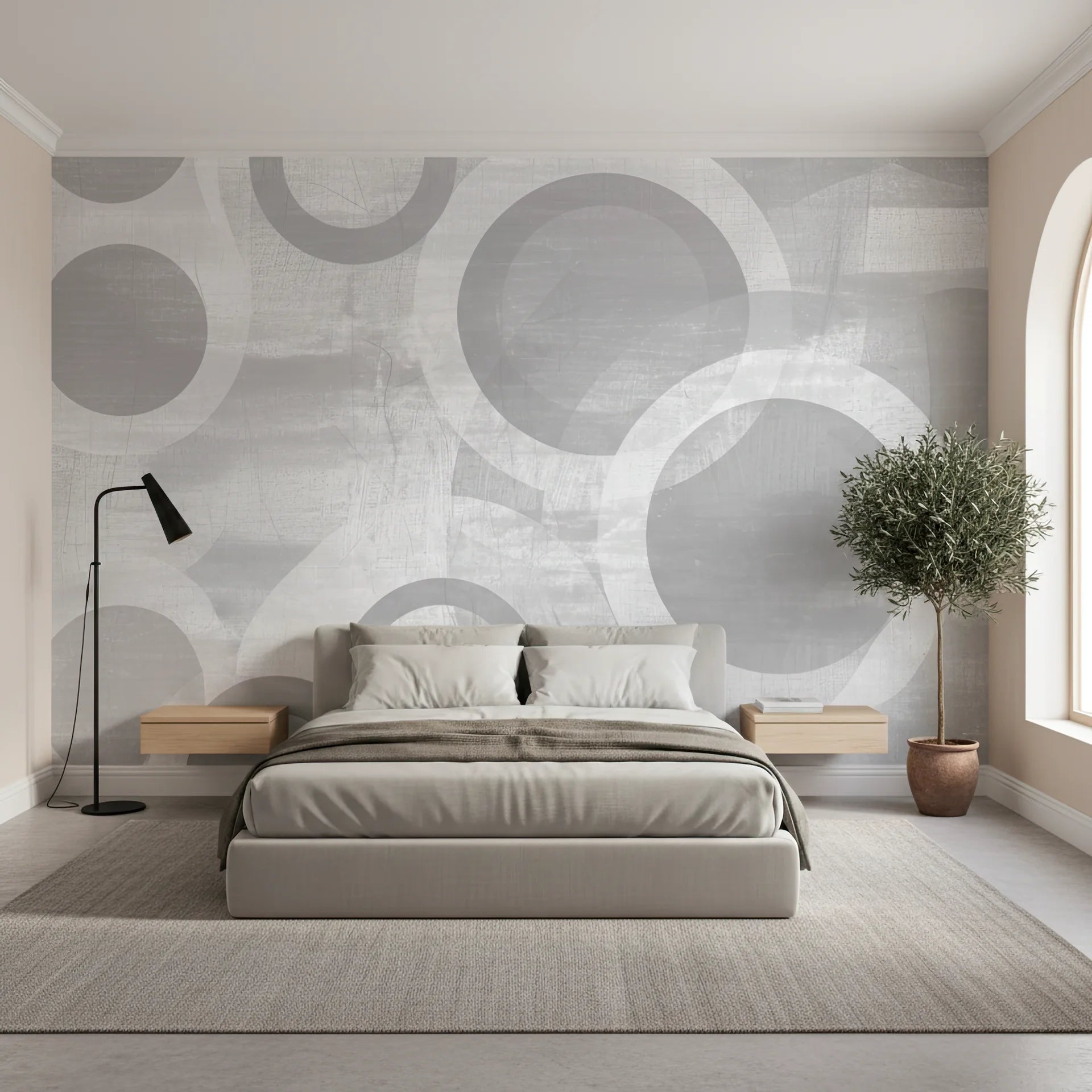 Grey circular pattern peel and stick wallpaper with stone texture
