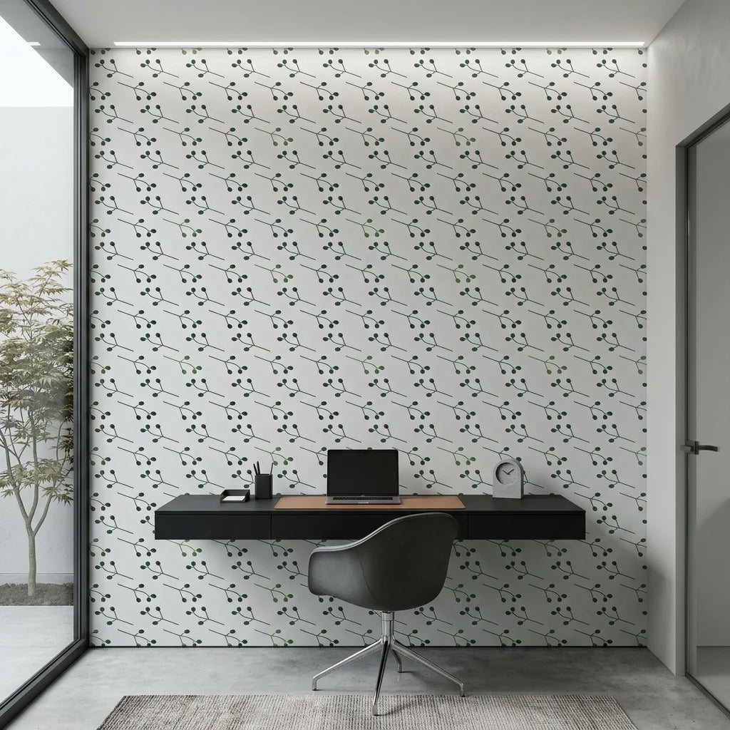 Stone Garden minimalist green sprig as a feature wall in a bright home office