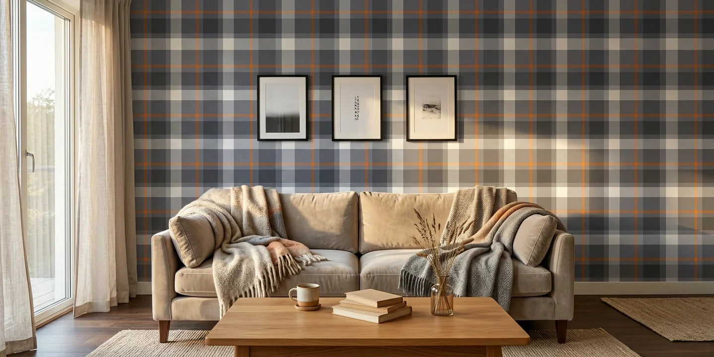 Stone Grid modern grey plaid wallpaper in a warm and inviting living room