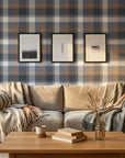 Stone Grid modern grey plaid wallpaper in a warm and inviting living room