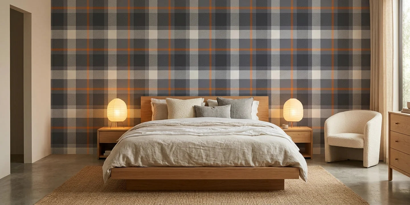 Stone Grid modern grey plaid wallpaper adding character to a cozy bedroom